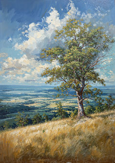 a painting of a tree on top of a hill with the sky in the background