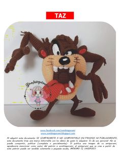 a crocheted stuffed animal is posed in front of a white background with the caption taz