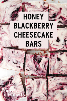 honey blackberry cheesecake bars cut into squares and stacked on top of each other