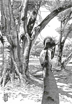 a black and white drawing of a woman standing next to a tree in the woods