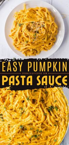 easy pumpkin pasta sauce in a bowl on a white table with the title overlay