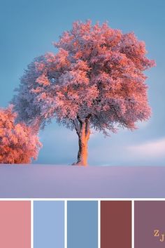 an image of a tree with pink and blue colors in the background, including pales