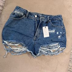 Brand New With Tags, Never Worn Forever 21 High-waisted Blue Jean Shorts, Forever 21 Blue Cutoff Shorts, Forever 21 High Waist Ripped Bottoms, High Rise Jean Shorts By Forever 21, Forever 21 Light Wash High Rise Shorts, Forever 21 High Rise Light Wash Shorts, Forever 21 Medium Wash Summer Shorts, Forever 21 Medium Wash Shorts, Forever 21 Ripped Summer Bottoms