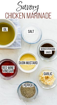 the ingredients for chicken marinade in small bowls on a marble counter top with text overlay