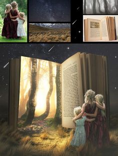 an open book with images of two women hugging each other and trees in the background