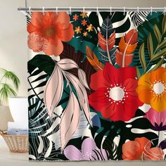 a shower curtain with colorful flowers and leaves on it in front of a white wall