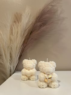 two teddy bears sitting next to each other on a table with a feather in the background