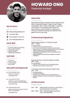 a professional resume template for an investment financer in red and white with a photo on it