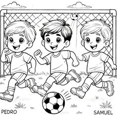 two boys playing soccer in the field coloring pages for kids, with one boy running after the ball