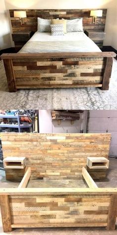 the bed frame is made out of pallet wood