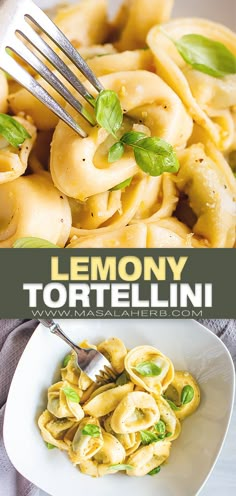 lemony tortellini with spinach and basil in a white bowl