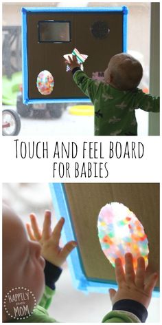 two pictures with the words touch and feel board for babies in front of an image of a