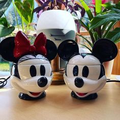 two mickey mouse heads sitting on top of a table next to a potted plant