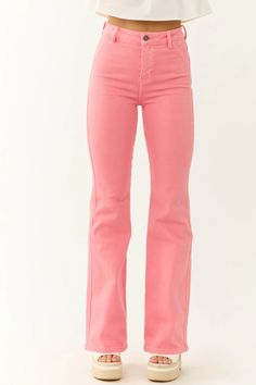 KanCan Watermelon Ultra High Rise Flare Jeans | Lime Lush Boutique Colorful Dresses Casual, Bright Pants, Faux Leather Outfits, Outfit Inspo Cute, High Rise Flare Jeans, Summer Holiday Outfits, Jeans Fits, Lime Lush, Lime Lush Boutique