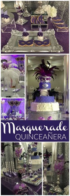 a collage of photos with purple and white decorations