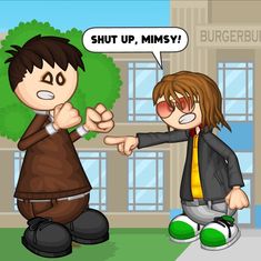 two cartoon characters are shaking hands in front of a building with the words shut up, mims