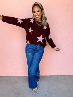 Wrap yourself in starry style with our Moment In The Stars Sweater. This burgundy beauty features a playful twist of light pink metallic stars to add a touch of whimsy to any outfit. The midweight material and generous stretch ensure comfort, while the ribbed trim and round neckline add classic details. Shine like the star you are in this sweater! Round neckline Long sleeves Ribbed trim Midweight sweater knit Fit: Relaxed; Generous stretch Bust: XSmall-38in Small-40in Medium-42in Large-44in Leng Stars Sweater, Beauty Features, In The Stars, Star Sweater, Pink Metallic, Sweater Knit, Round Neckline, Sweaters & Cardigans, Light Pink