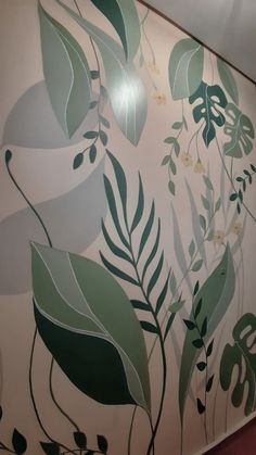 Arte com folhagens, em tons de verde e cinza claro em lavabo peque Fern Bathroom, Dining Room Murals, Room Murals, Wallpaper Walls, Walls Decor, Diy Wall Painting, Wallpaper Walls Decor, Paper Flower Wall, Leaf Wall