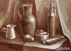 a painting of vases and other items on a table