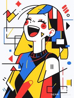 a drawing of a woman with red lips and yellow hair, wearing a colorful outfit