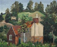 an oil painting of a house on a hill with trees in the foreground and bushes to the side