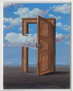 an open door leading to the sky with clouds in the back ground and blue sky above