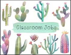 the words classroom jobs are surrounded by cacti and succulents in watercolor