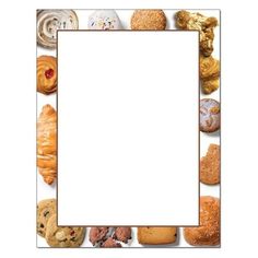 a white square frame with many different types of cookies and pastries around it on a white background