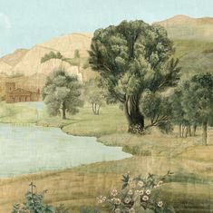 an image of a painting with trees and flowers in the foreground, mountains in the background