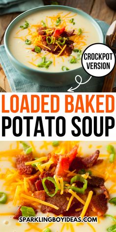 Indulge in the ultimate comfort food with our Creamy Crockpot Loaded Baked Potato Soup recipe. This crockpot potato soup is creamy, hearty, and loaded with bacon, cheese, and chives. It's an easy and family-friendly dinner idea, perfect for chilly fall evenings. Try this loaded baked potato soup for a comforting meal that's both delicious and healthy. Discover the convenience of slow cooker soup recipes and enjoy this fall soup recipe with easy to follow instructions. Easy Potato Bacon Soup, Crockpot Loaded Baked Potato, Crockpot Loaded Potato Soup, Baked Potato Soup Crock Pot, Loaded Baked Potato Soup Recipe, Bacon Corn, Baked Potato Soup Recipe, Potato Bacon Soup, Slow Cooker Potato Soup