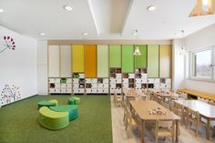 a room with tables, chairs and shelves filled with children's bookshelves