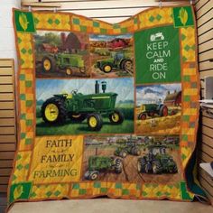 a quilt with pictures of farm vehicles on it