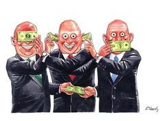 three men in suits are holding up money