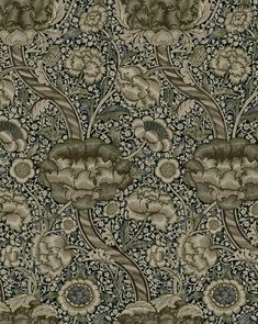 an intricately designed wallpaper with flowers and leaves in green, blue, beige and brown colors