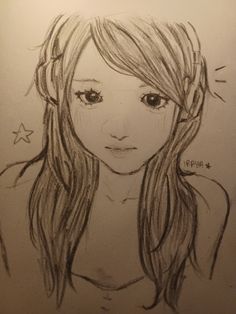 a pencil drawing of a girl with long hair and stars on her forehead, looking at the camera