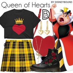 the queen of hearts is wearing a skirt and t - shirt