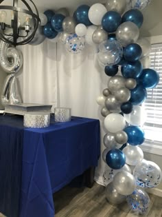 Silver balloons. Blue balloons. Party decorations. Balloon garland. Midnight Blue Decorations Party, Birthday Ideas Blue Theme, Blue White And Silver Birthday Party, Dark Blue Birthday Decorations, Midnight Birthday Theme, Blue And Silver Graduation Party Ideas, Midnights Party Theme, Midnights Birthday Theme