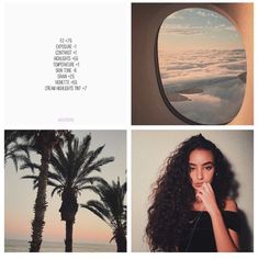 a collage of photos with palm trees and clouds