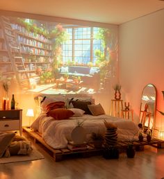 a bed room with a neatly made bed next to a window filled with books and plants