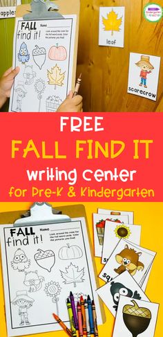 the free fall and autumn writing center for prek and k students is shown in this image