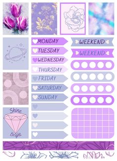 the weekly planner sticker kit is shown in purple and lavenders, with pink flowers