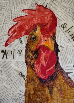 a painting of a rooster on top of newspaper