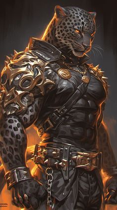 a painting of a leopard in armor with chains around its neck and claws on his chest