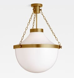 a white and gold light fixture with chain hanging from it's center point, on an isolated background