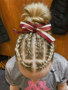 french braids, game day hair, braids, lacorsse hairstyles. Gymnastics Competition Hair Bun, Gymnastic Meet Hairstyles, Gymnastic Competition Hairstyles, Meet Hair Gymnastics, Gymnastics Hairstyles For Competition Easy, Simple Gymnastics Meet Hair, Gymnastics Hair Styles, Track Meet Hair, Track Hairstyles Sports Running