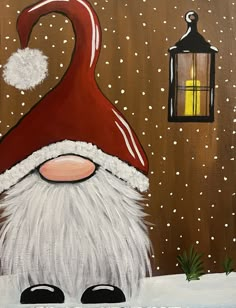 an acrylic painting of a gnome with a lantern in his hand and snow falling on the ground