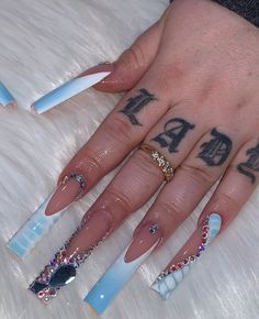 Mylar Nails, Super Cute Nails, Blue Acrylic Nails, Baddie Nails, Colored Acrylic Nails, Glow Nails, Classy Acrylic Nails