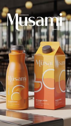 two orange juice bottles sitting on top of a table