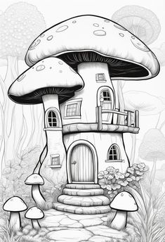 a drawing of a mushroom house in the woods