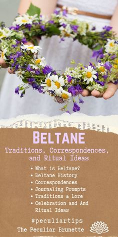 a woman holding a wreath with flowers on it and the words, beltane written below